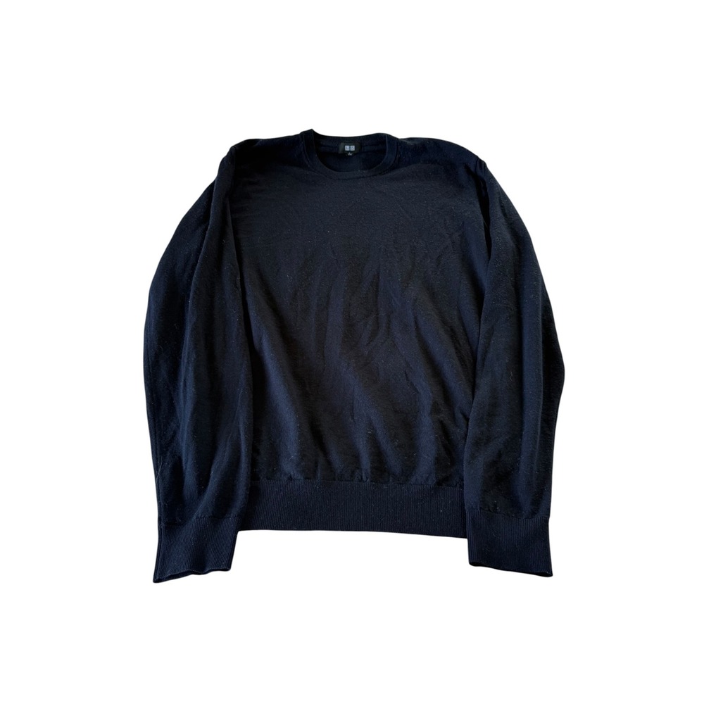 Uniqlo 100% Wool Crewneck Sweater Navy Blue Minimalist Knit L 351-409172
